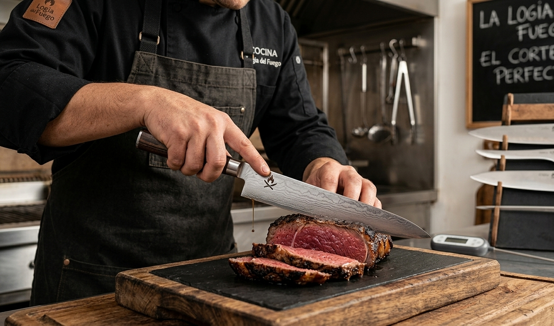 Cuchillo de acero inoxidable profesional cortando carne de asado