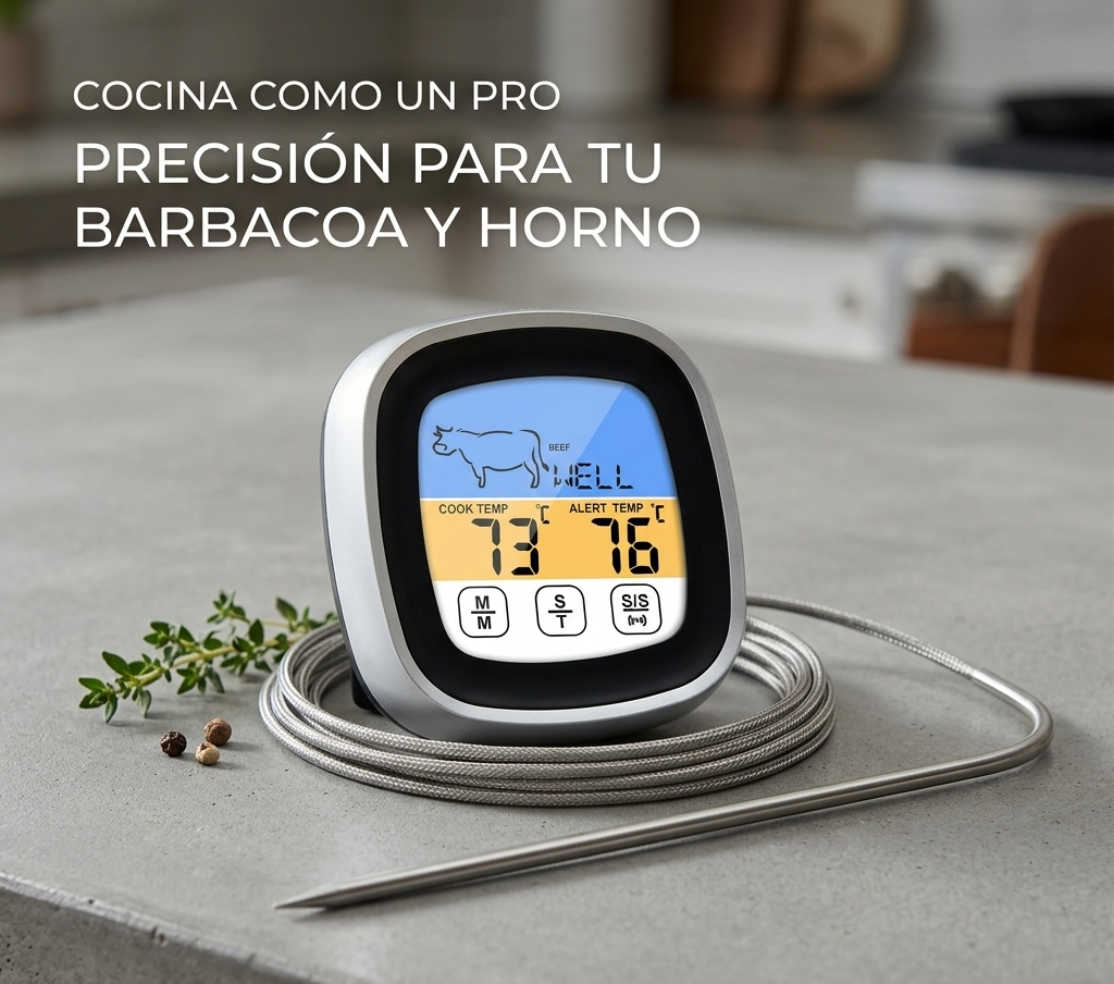 Termómetro Táctil Maestro Grill para Horno mostrando su diseño moderno y pantalla táctil en una cocina.